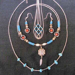 3 TURQUOISE/SILVER NECKLACES, 1 PAIR EARRINGS, NATIVE AMERICAN, VINTAGE